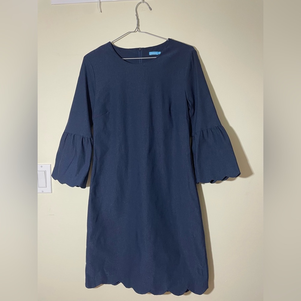 J.McLaughlin “Elle” Navy 3/4 Bell Sleeve Dress Scalloped Hem - Picture 5 of 11